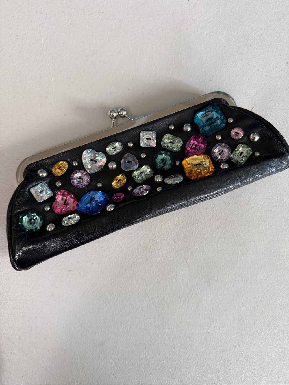 Aldo Black Clutch with Multicolored Gem Embellishments